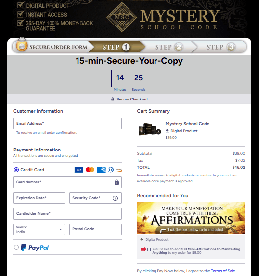 Mystery School Code Checkout Page